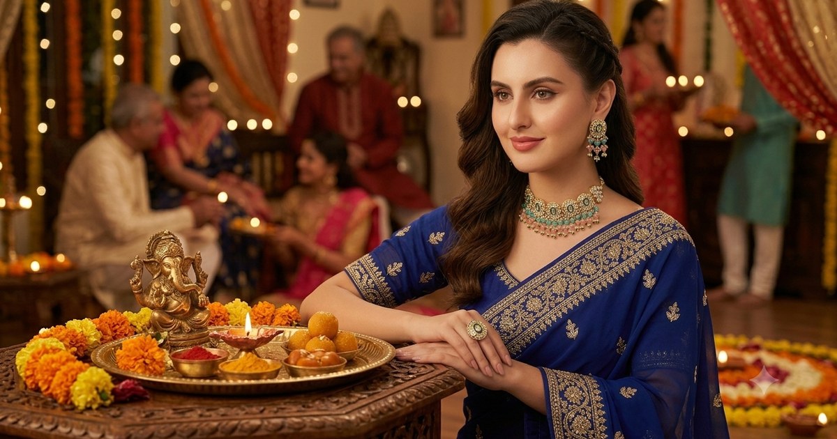 Indian woman wearing a kundan choker set beside a festive puja thali and diyas (Roopalia review)