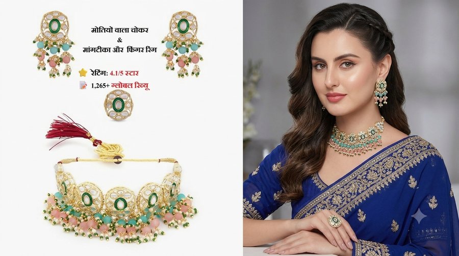 ZAVERI PEARLS kundan choker set worn with a blue saree — necklace, earrings and ring (Roopalia)