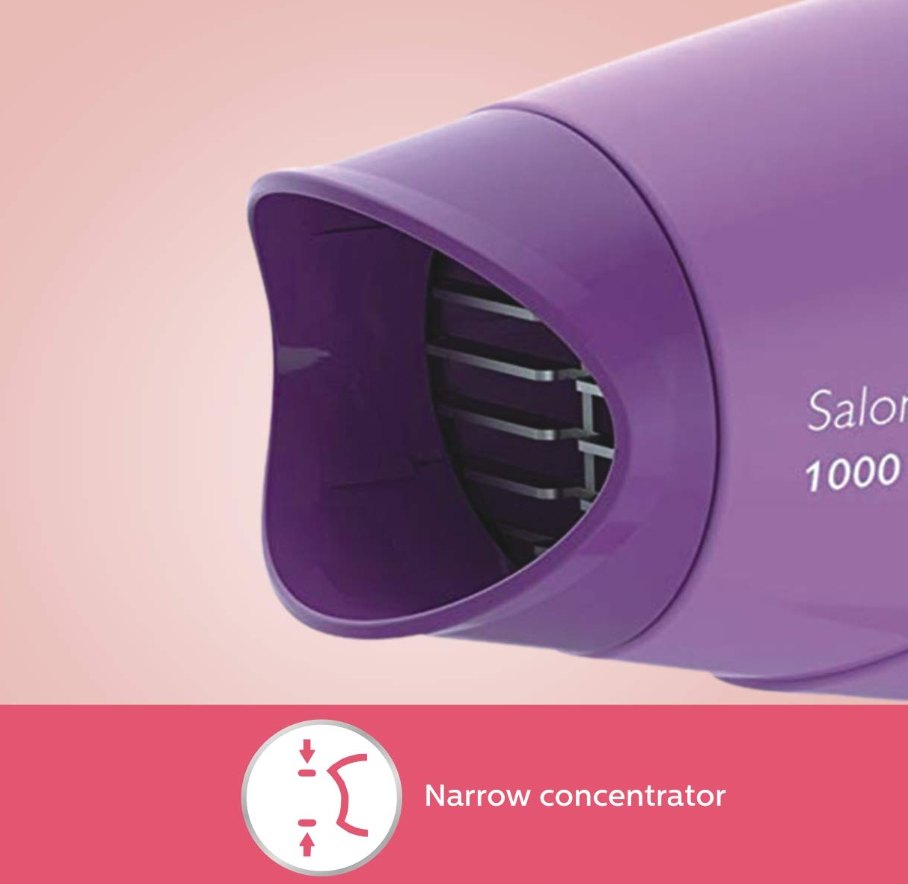 Philips SalonDry Compact 1000W hair dryer features — ThermoProtect, 2 flexible speed settings, compact design, easy storage hook, 2 years guarantee, narrow concentrator