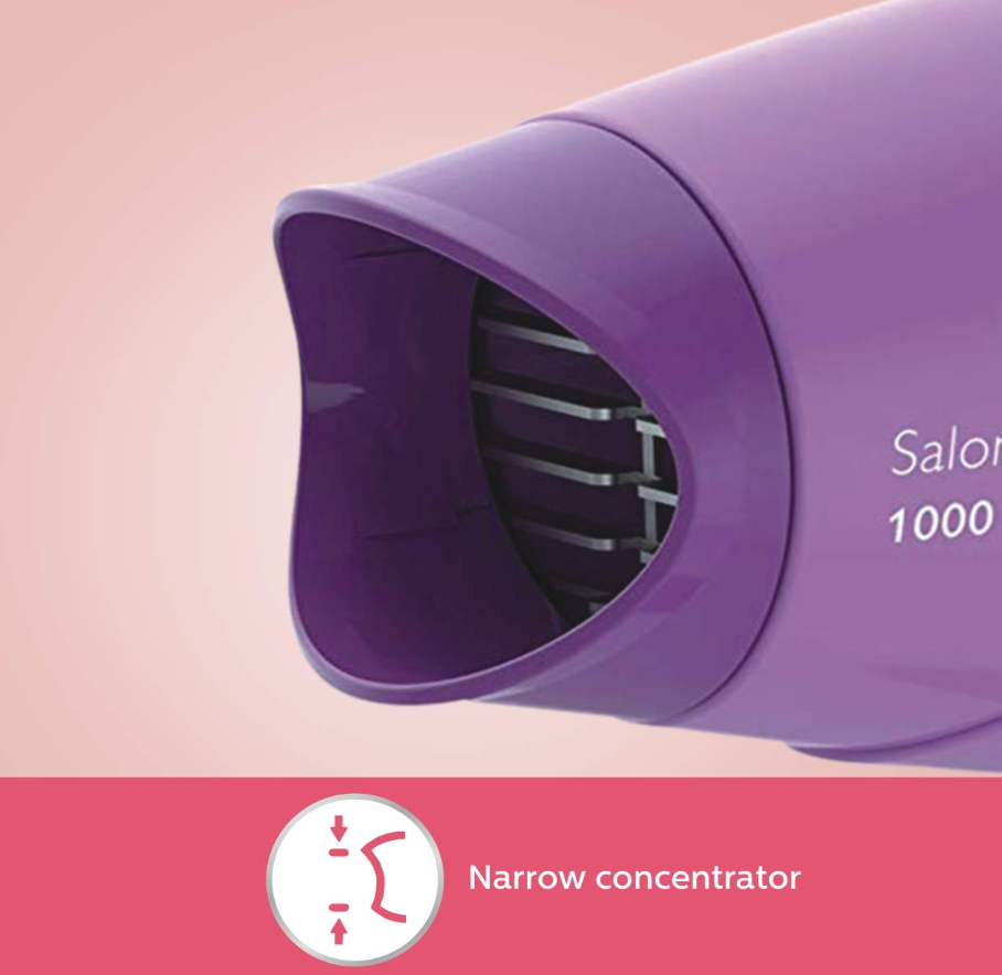 Philips SalonDry Compact 1000W hair dryer features — ThermoProtect, 2 flexible speed settings, compact design, easy storage hook, 2 years guarantee, narrow concentrator