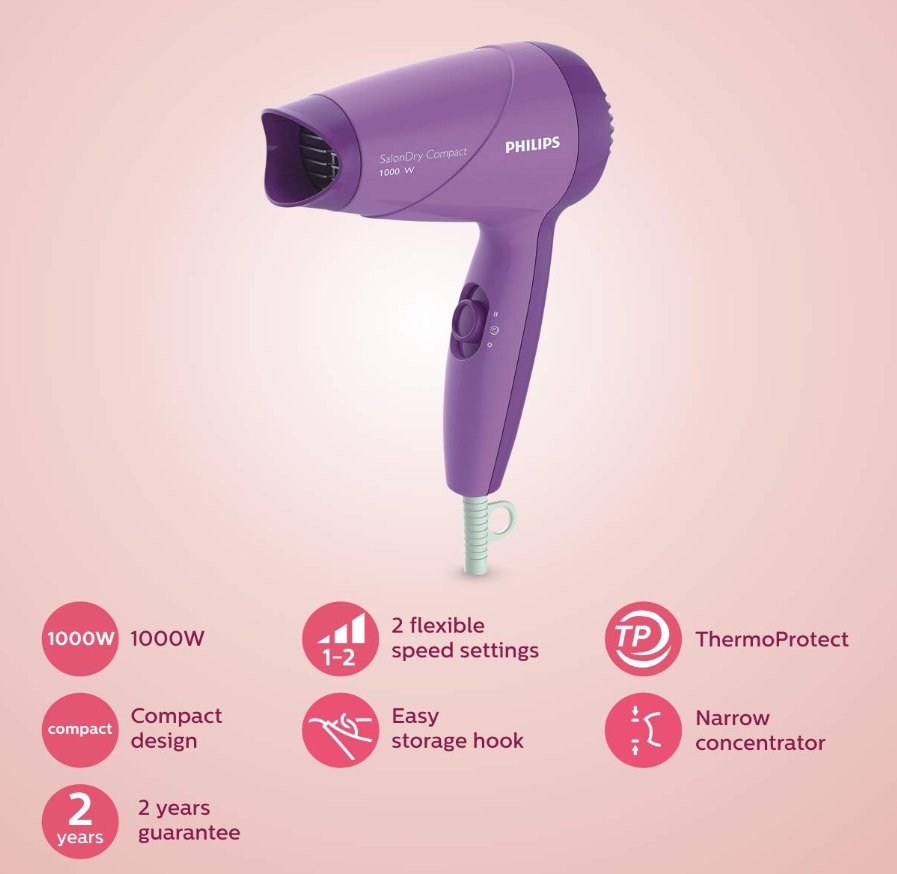 Philips SalonDry Compact narrow concentrator nozzle close-up — targeted airflow for frizz control