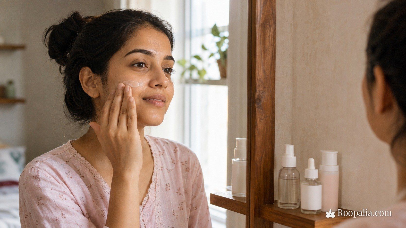 A simple daily skincare routine for pigmentation — applying moisturiser in front of a mirror in morning light