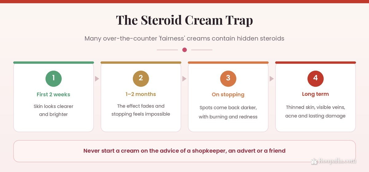 The steroid cream trap — early brightening, then dependence, rebound flare and lasting skin damage