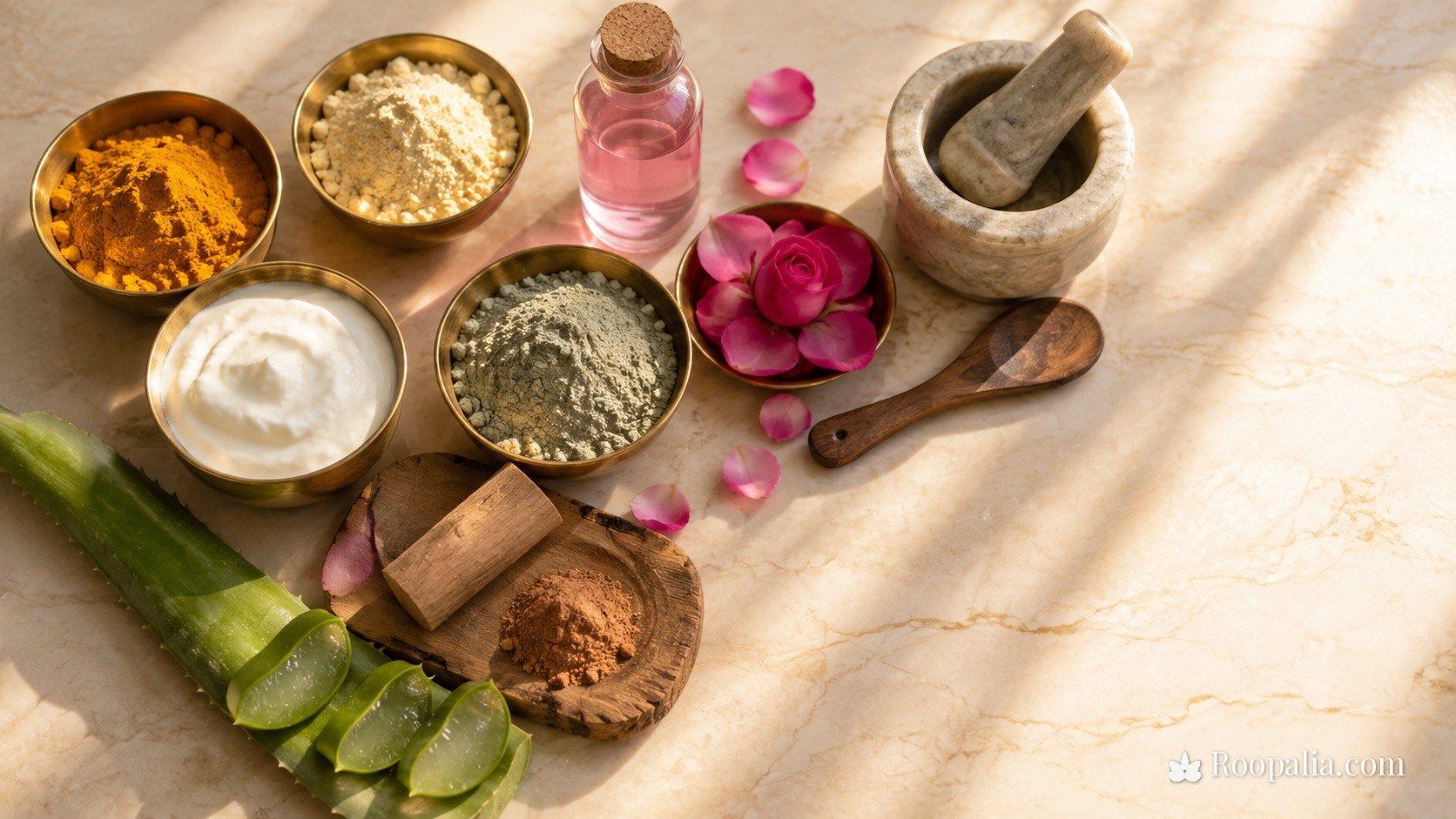 Traditional Indian ubtan ingredients — turmeric, gram flour, yoghurt, sandalwood, multani mitti, rose water and aloe vera