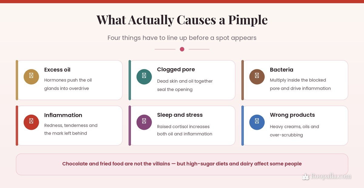 What causes a pimple — excess oil, clogged pore, bacteria, inflammation, stress and wrong products