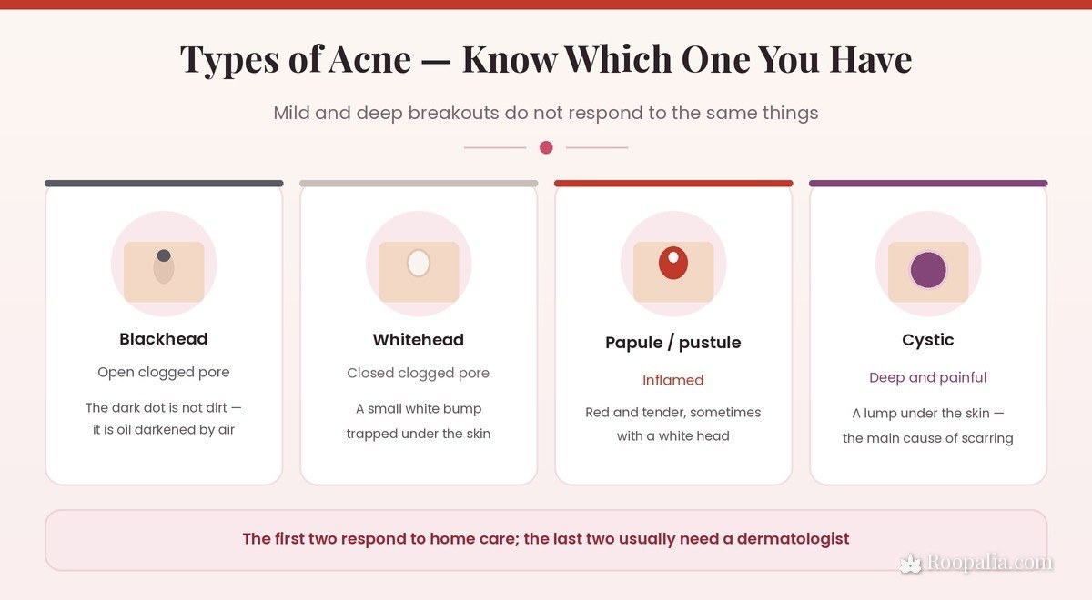 Types of acne compared — blackheads, whiteheads, inflamed papules and cystic acne