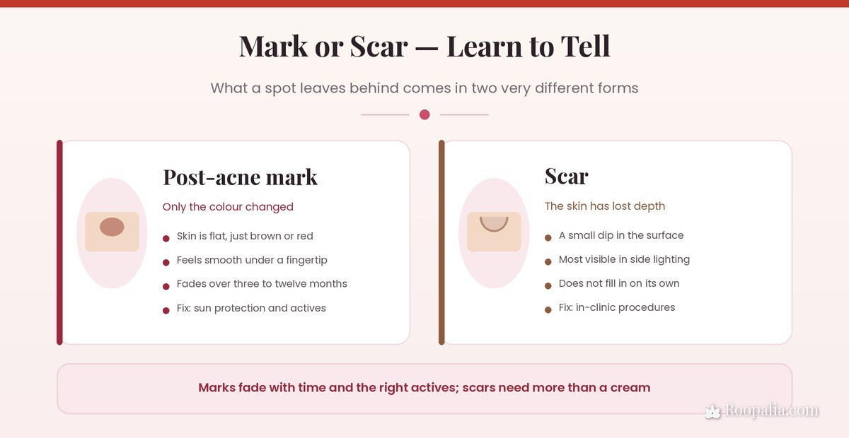 Difference between a post-acne mark and an acne scar — discolouration versus a pitted surface