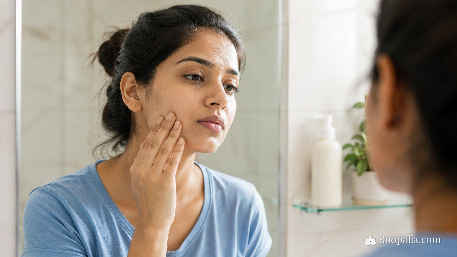 A young woman examining her skin in the mirror — identifying where breakouts appear