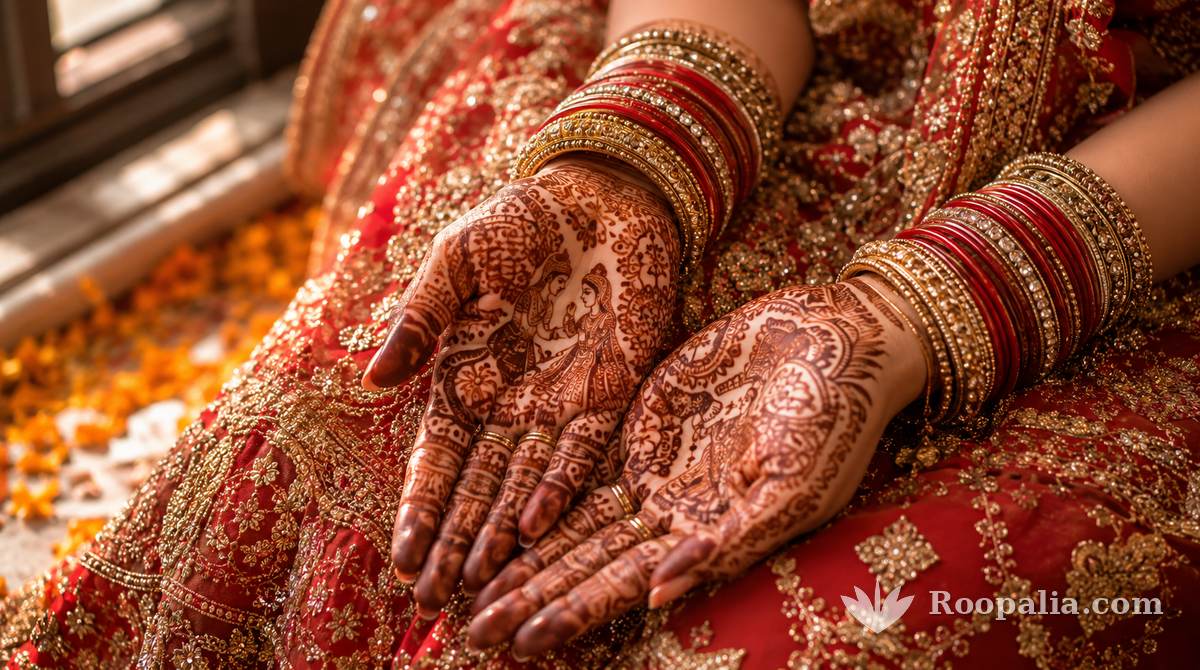 Traditional mehndi design on an Indian bride&rsquo;s hands with red bangles and marigold petals (Roopalia)