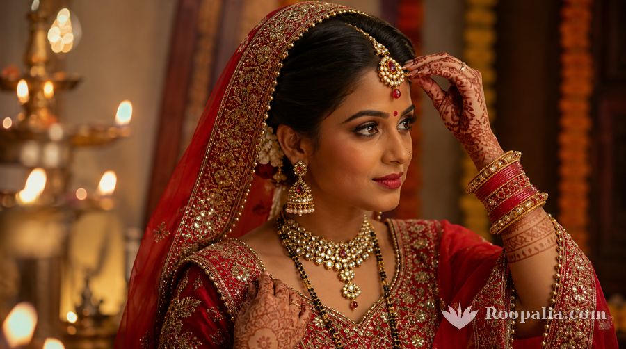 An Indian bride in full solah shringar — maang tikka, jhumkas, bindi, mangalsutra, red chooda and mehndi (Roopalia)