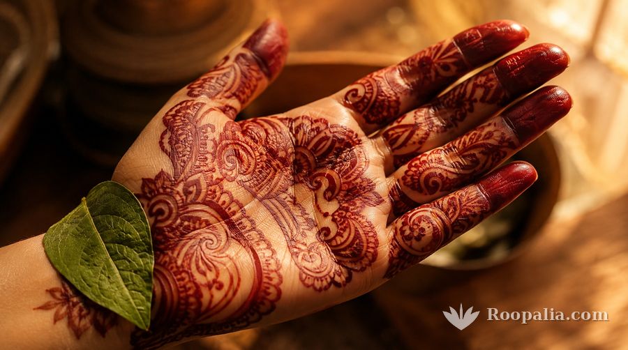 A palm with a deep maroon henna stain and a fresh green henna leaf (Roopalia)