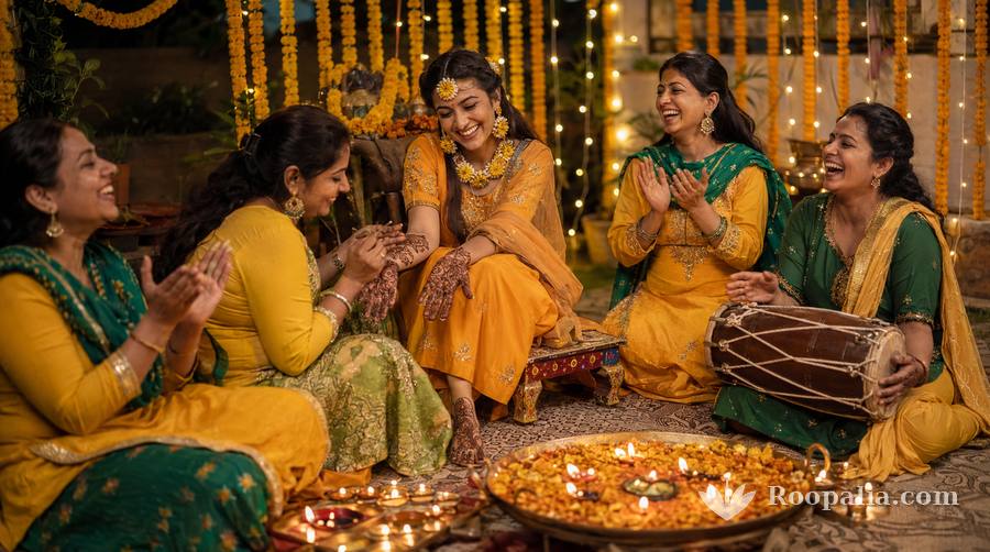 A mehndi ceremony at home — women of the family singing and playing the dholak as henna is applied to the bride (Roopalia)