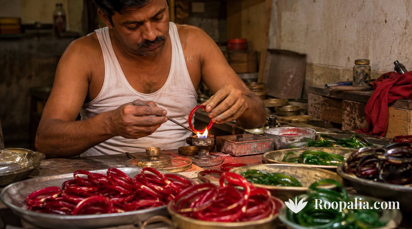 कारीगर छोटी लौ पर लाख की लाल चूड़ी गढ़ता हुआ, आसपास थालियों में लाल और हरी चूड़ियाँ — AI-निर्मित चित्र (Roopalia)