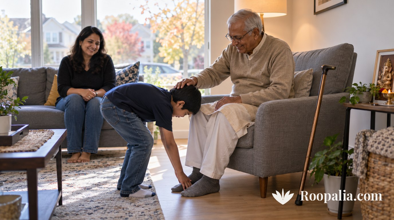 An Indian boy raised outside India touching his visiting grandfather's feet in a Western living room — AI-generated image (Roopalia)