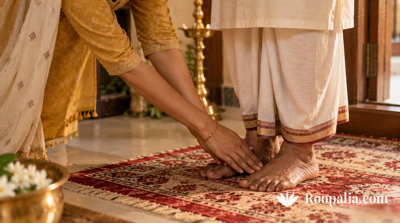 Close-up of hands crossed to touch an elder's feet, right hand to right foot and left hand to left foot — AI-generated image (Roopalia)