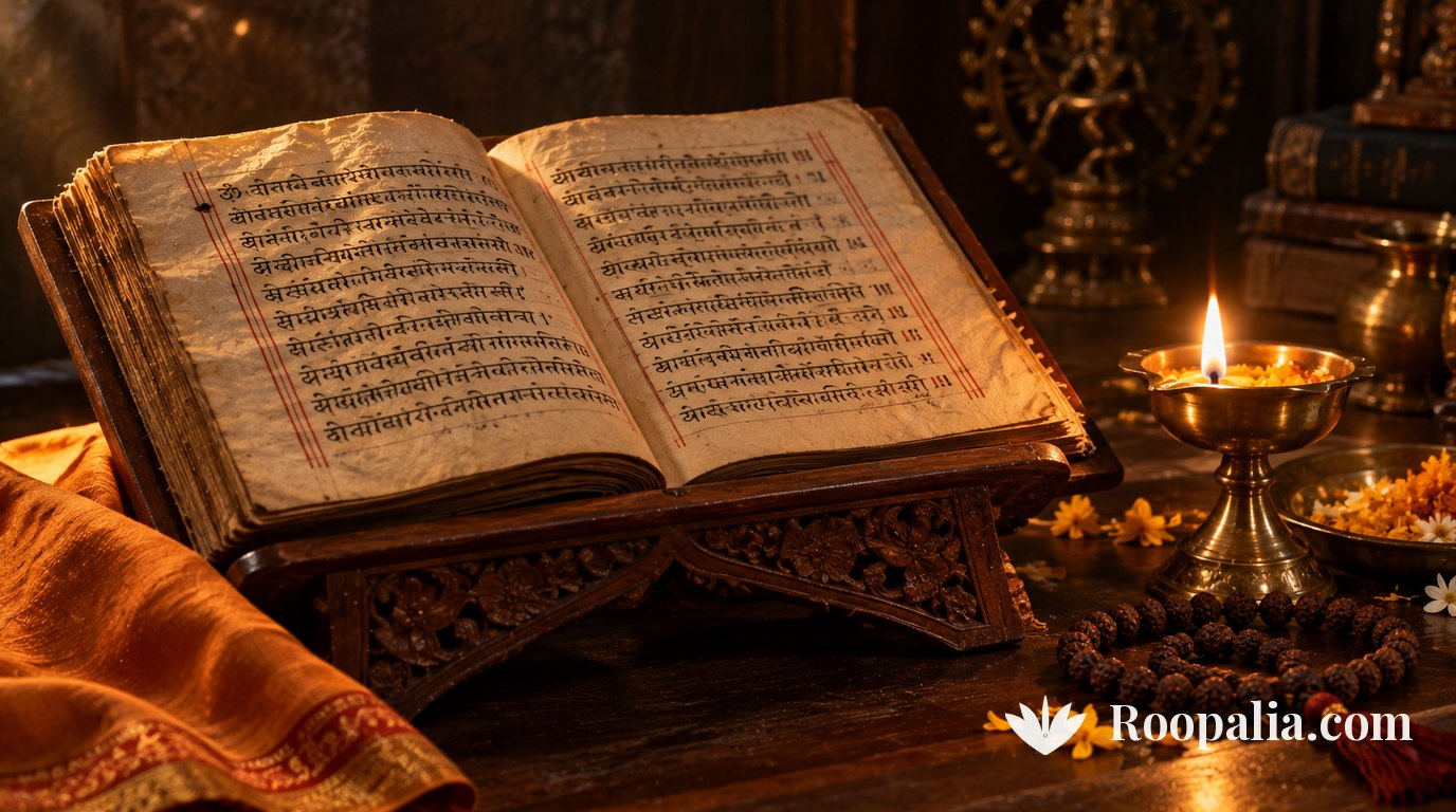 An open Sanskrit manuscript on a carved wooden stand beside a lit brass lamp and a rudraksha mala — AI-generated image (Roopalia)
