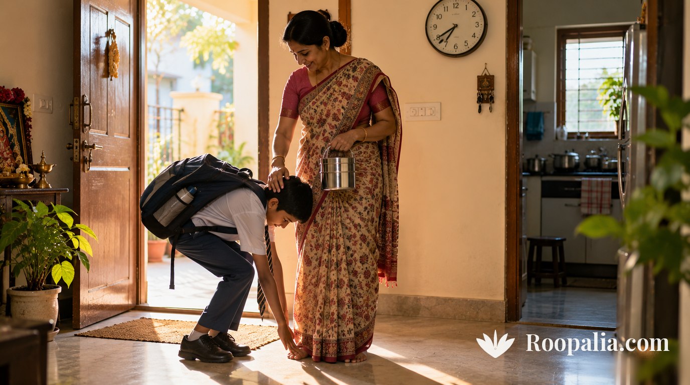 A schoolboy touching his mother's feet before leaving for school while she blesses him — AI-generated image (Roopalia)