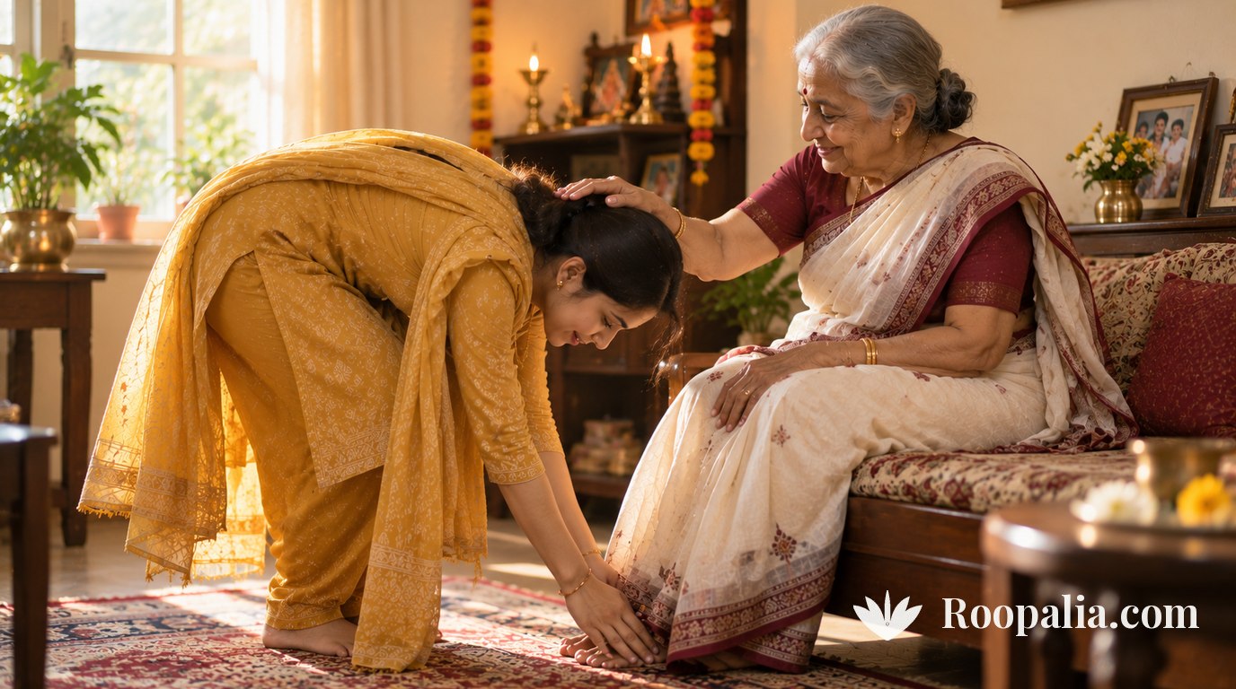 A young Indian woman touching her grandmother's feet while the grandmother blesses her with a hand on her head — AI-generated image (Roopalia)