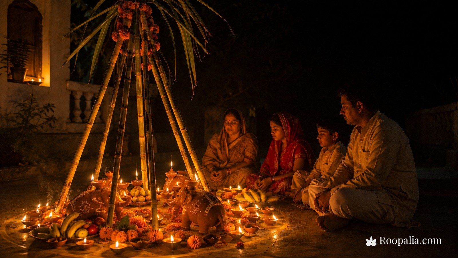 The Kosi ritual — a canopy of five sugarcane stalks over lit earthen lamps and clay elephant vessels, with the family seated nearby