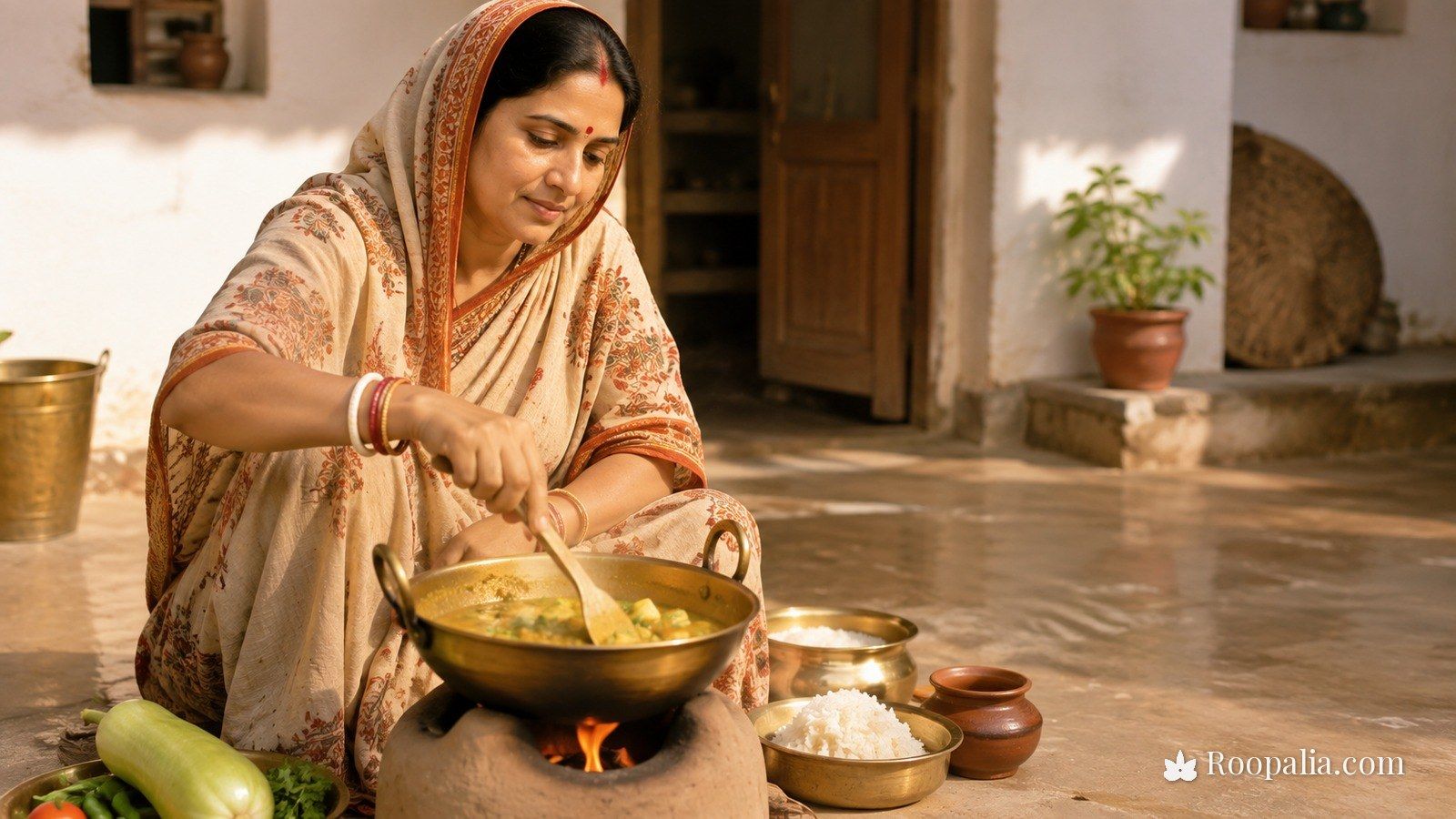 Nahay Khay — a woman cooking bottle gourd curry and rice on a clay stove in a freshly washed courtyard