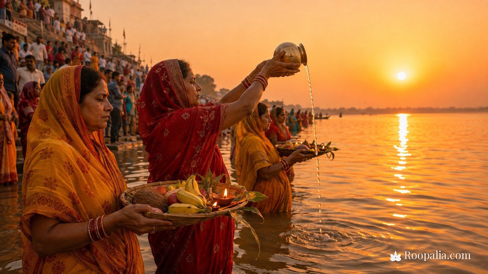 Sandhya Arghya — women standing waist-deep in a river pouring water from brass vessels towards the setting sun