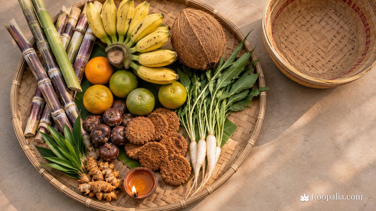 A bamboo soop arranged with sugarcane, bananas, coconut, oranges, water chestnut, radish, turmeric root, thekua and an earthen lamp