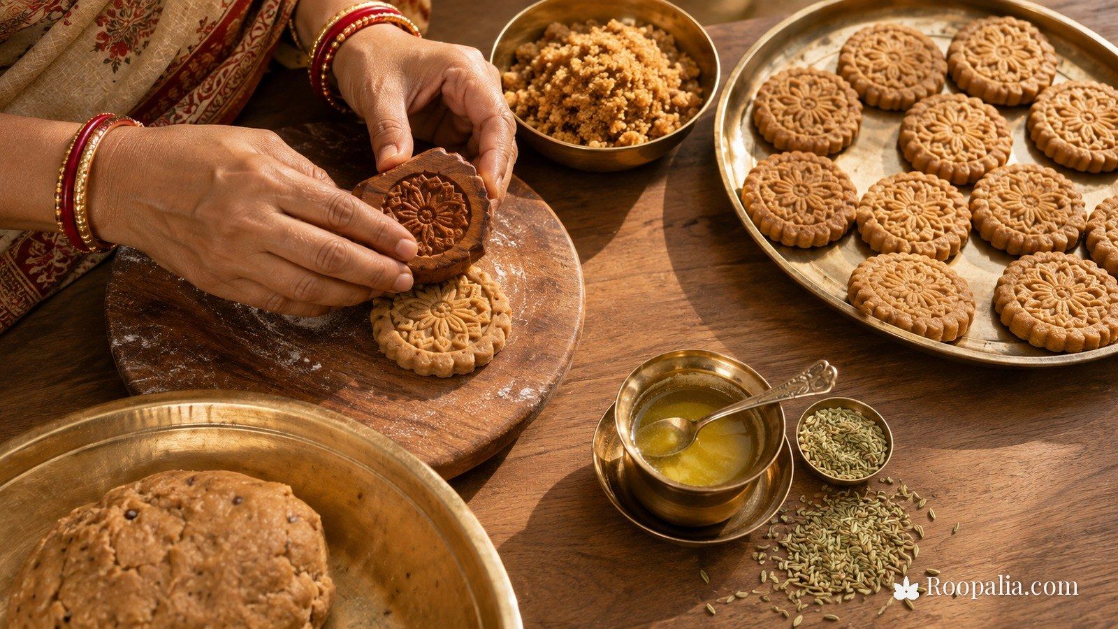 Making thekua — hands pressing wheat and jaggery dough into a carved wooden mould, with ghee, jaggery and fennel seeds