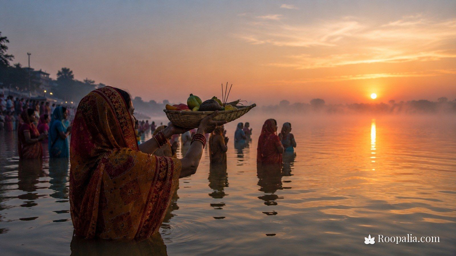 Usha Arghya — a devotee in mist-covered water lifting a bamboo soop towards the rising sun at dawn