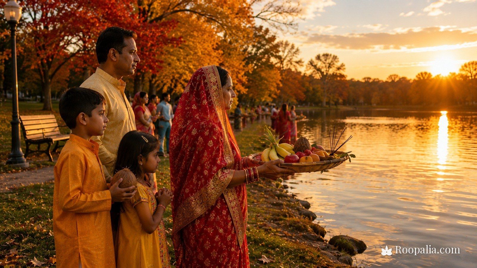 Chhath Puja abroad — an Indian family offering arghya beside a park lake with autumn foliage at sunset