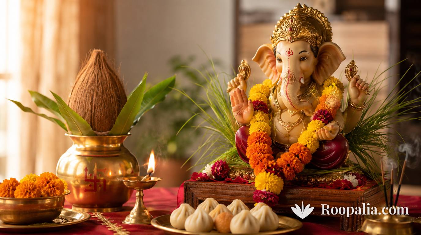 लाल कपड़े पर सजी गणेश प्रतिमा, गेंदे की माला, दूर्वा, कलश और जलता दीपक, सामने मोदक की थाली — AI-निर्मित चित्र (Roopalia)