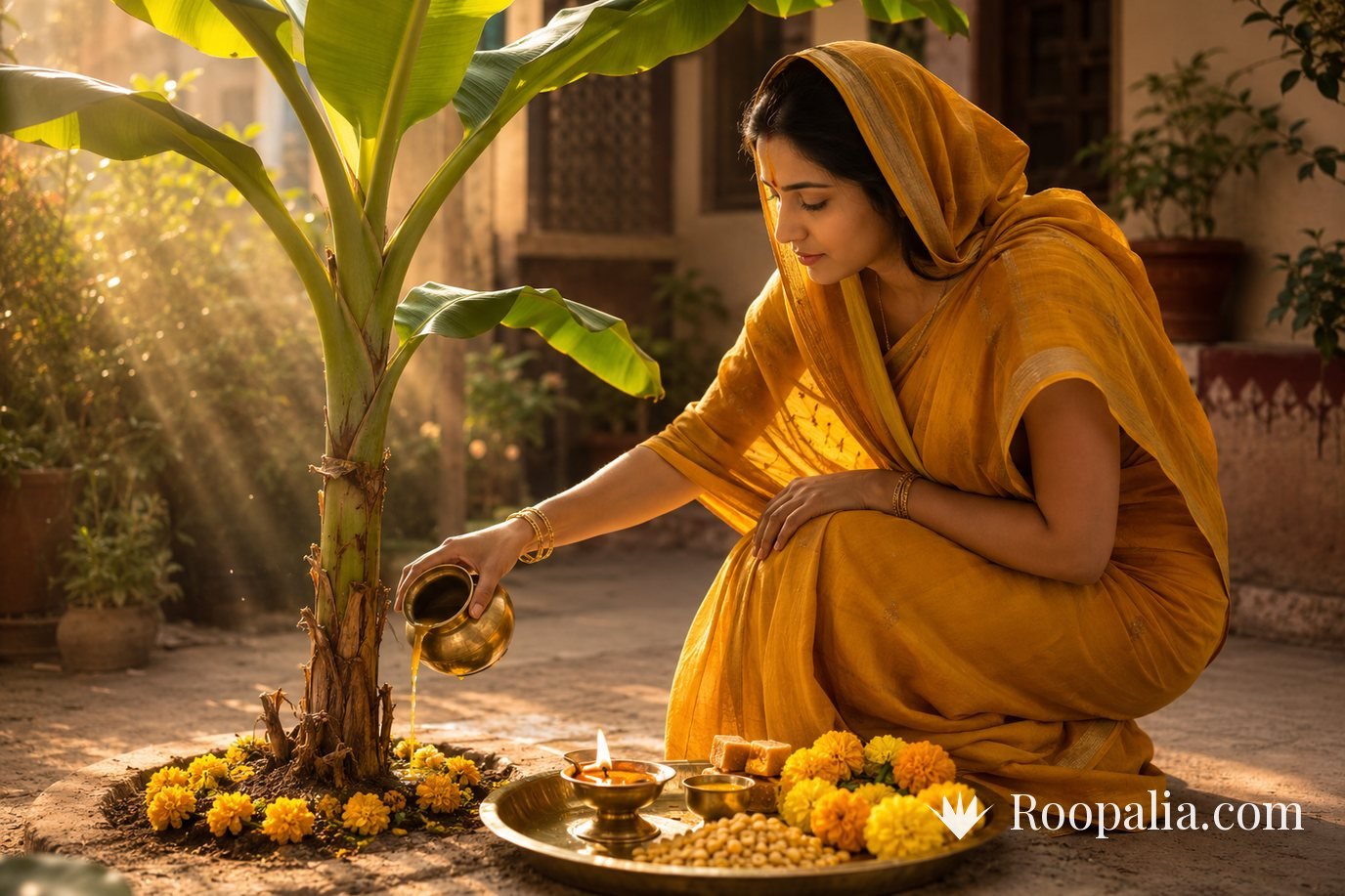 A woman in a yellow saree pouring turmeric water at the base of a banana plant on Thursday morning — AI-generated image (Roopalia)