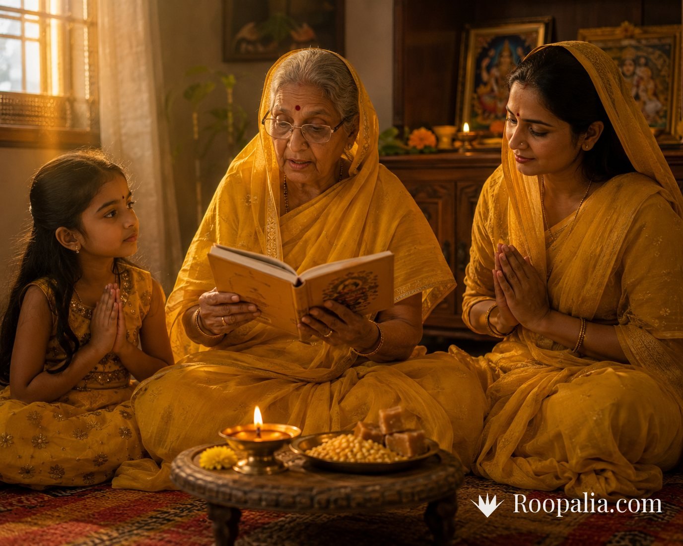 A grandmother reading the Guruvar Vrat Katha aloud while her daughter and granddaughter listen with folded hands — AI-generated image (Roopalia)