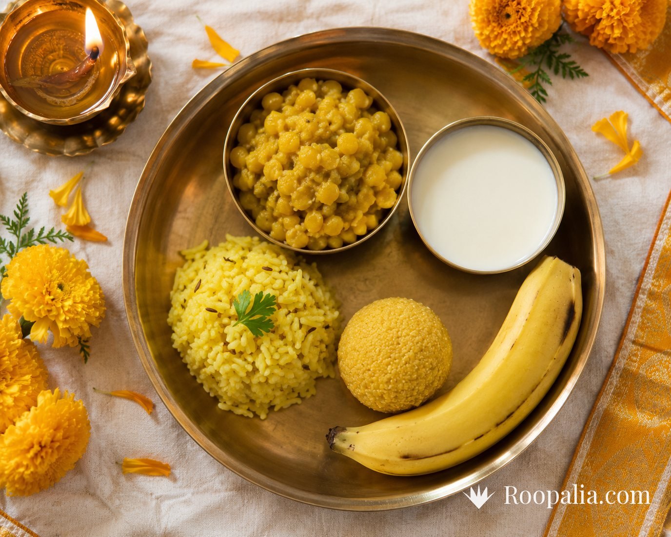 A Guruvar Vrat thali of chana dal, turmeric rice, besan laddu, banana and milk in brass bowls — AI-generated image (Roopalia)
