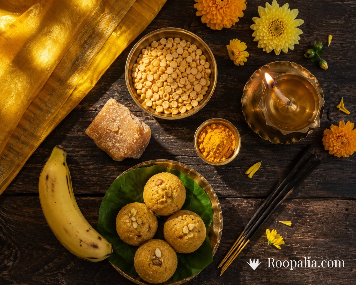 Guruvar Vrat puja samagri flat lay — chana dal, jaggery, turmeric, yellow flowers, besan laddus, banana, yellow cloth and a ghee lamp — AI-generated image (Roopalia)
