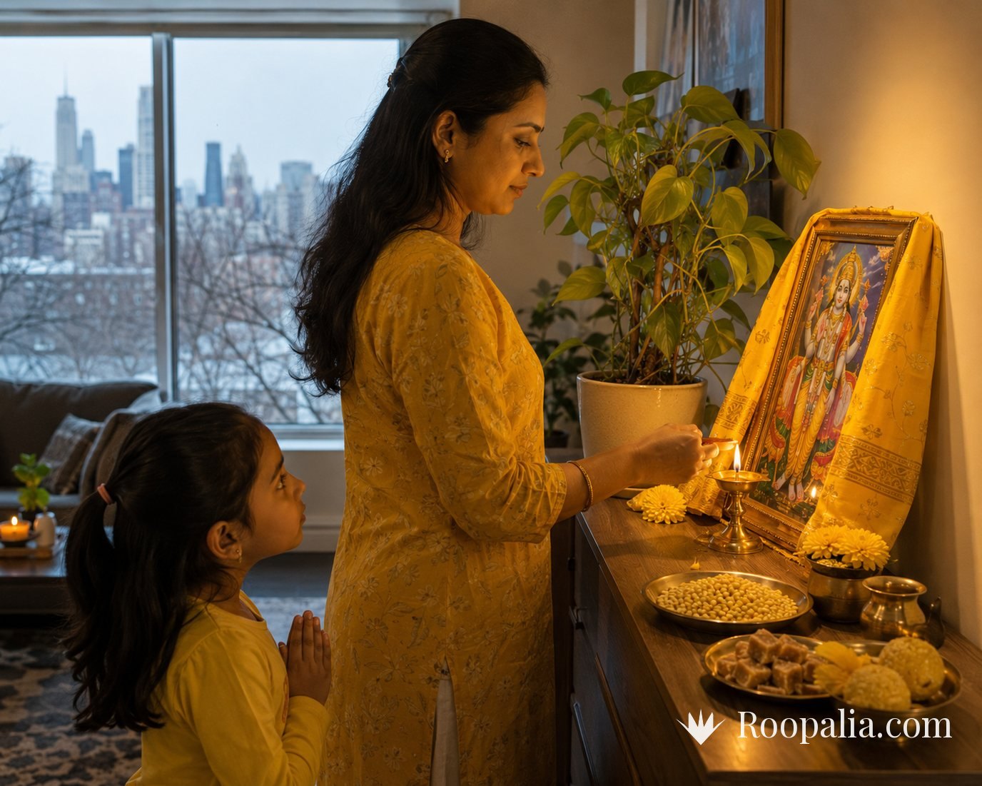 A mother and daughter performing Guruvar puja in an apartment abroad, with a potted plant in place of a banana tree and a winter city outside the window — AI-generated image (Roopalia)