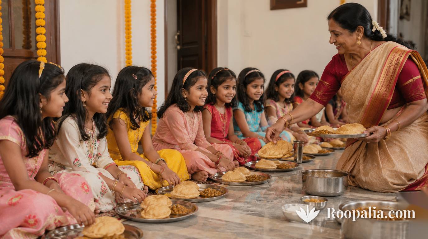 कन्या पूजन — नौ छोटी बच्चियाँ पंक्ति में बैठकर पूड़ी, हलवा और चना खाती हुईं, एक महिला उन्हें परोसती हुई — AI-निर्मित चित्र (Roopalia)