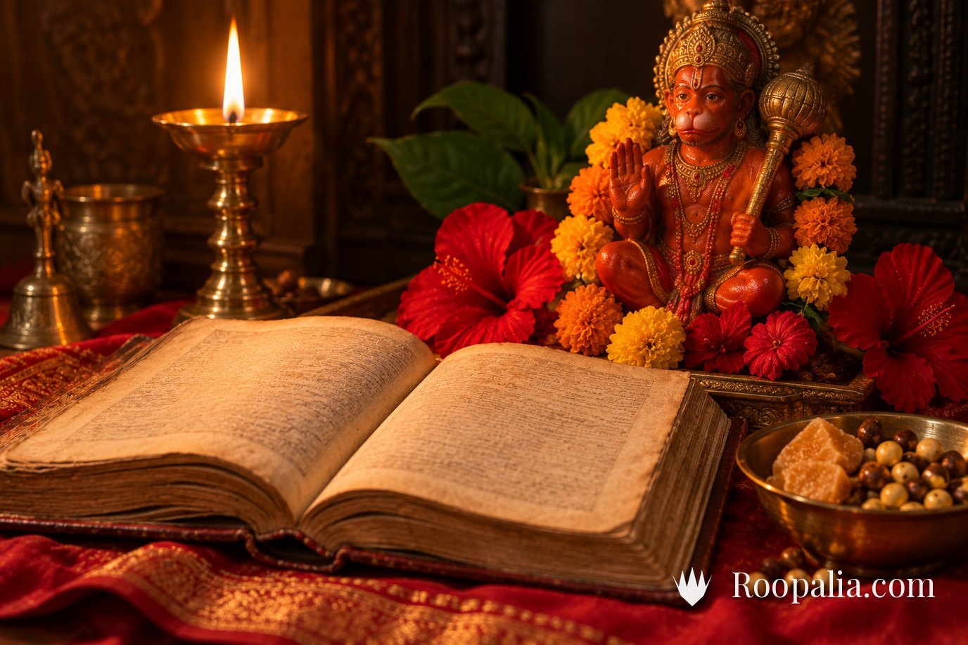 An open Tuesday vrat katha book in lamplight beside a vermilion Hanuman idol, red flowers and gur-chana prasad — AI-generated image (Roopalia)