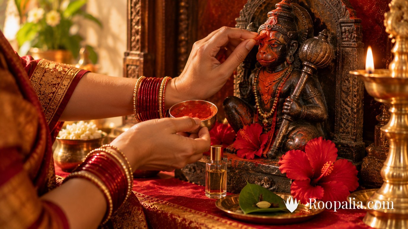 हनुमान जी की प्रतिमा पर चमेली के तेल में मिला सिंदूर का चोला चढ़ाते हाथ, पास लाल गुड़हल के फूल और पान का बीड़ा — AI-निर्मित चित्र (Roopalia)