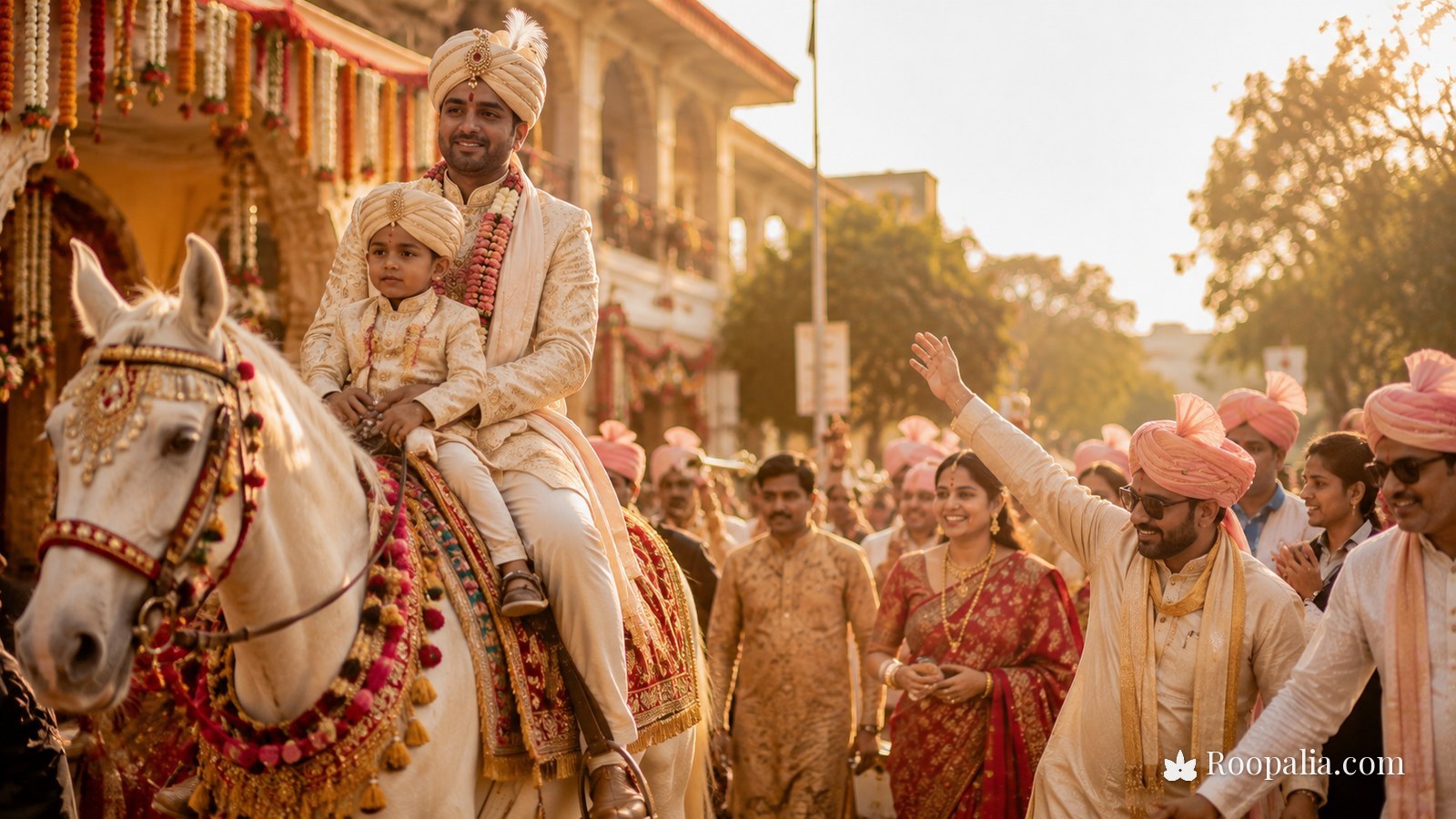 बारात — सजी हुई सफ़ेद घोड़ी पर बैठा दूल्हा, आगे छोटा बच्चा, साथ चलते परिजन