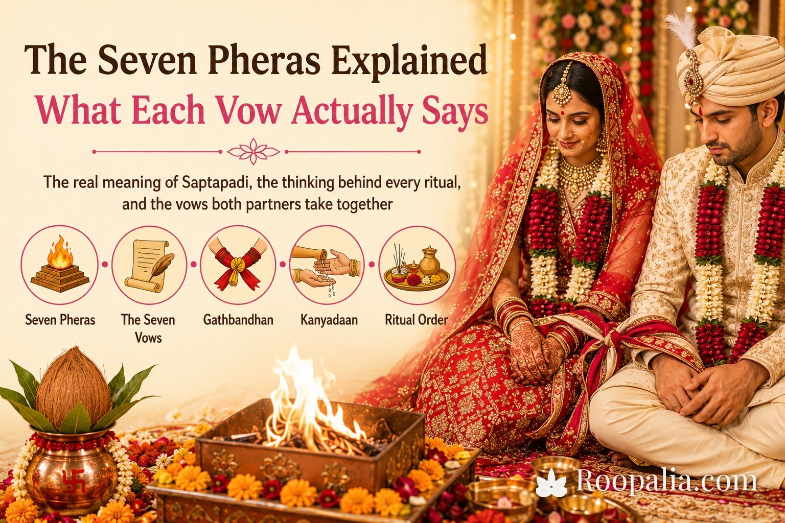 The seven pheras explained — an Indian bride and groom seated beside the sacred fire, their garments tied together (Roopalia)