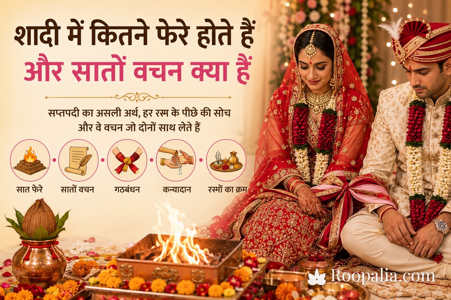 शादी में कितने फेरे होते हैं — हवन कुंड के पास गठबंधन में बँधे बैठे दूल्हा और दुल्हन (Roopalia)