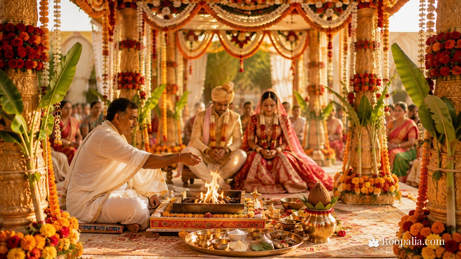 विवाह मंडप — गेंदे और केले के पत्तों से सजा मंडप, बीच में हवन कुंड और पंडित जी