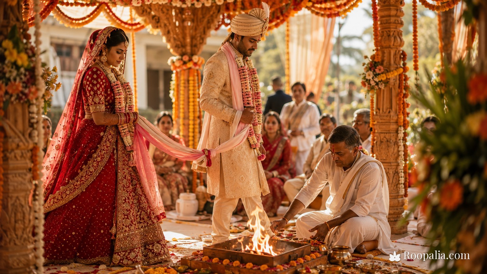 सात फेरे — मंडप में हवन कुंड की परिक्रमा करते दूल्हा-दुल्हन, वस्त्र गठबंधन में बँधे हुए