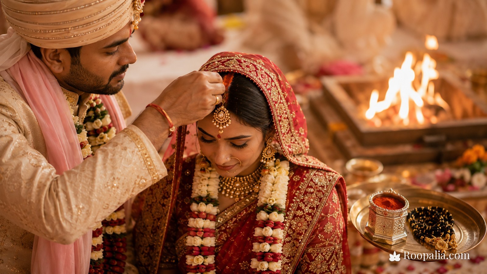 सिंदूरदान — फेरों के बाद दूल्हा दुल्हन की माँग में सिंदूर भरते हुए, पास में मंगलसूत्र की थाली