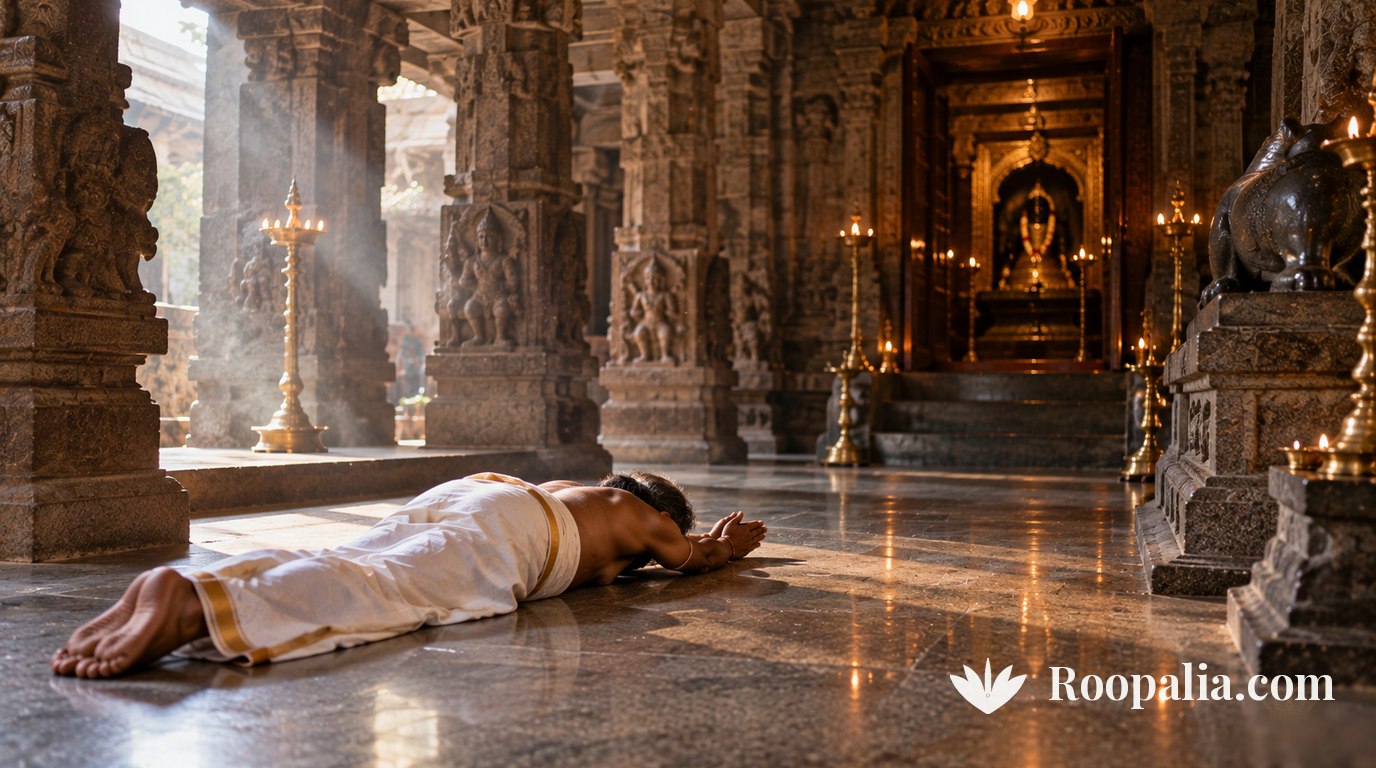 A devotee lying fully prostrate in sashtang dandvat pranam inside a stone temple hall — AI-generated image (Roopalia)