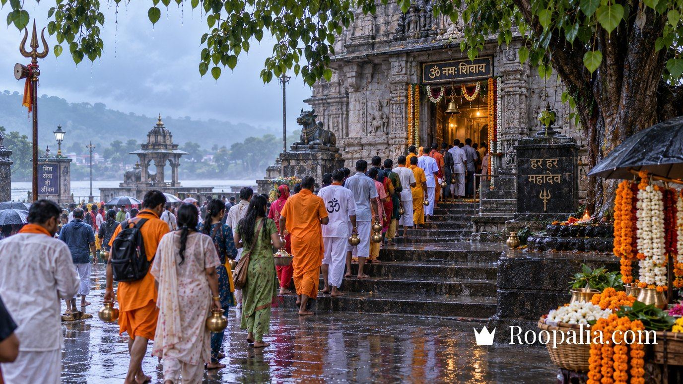 सावन के सोमवार को बारिश में भीगे शिव मंदिर के बाहर लोटा लिए जलाभिषेक के लिए खड़े श्रद्धालु — AI-निर्मित चित्र (Roopalia)