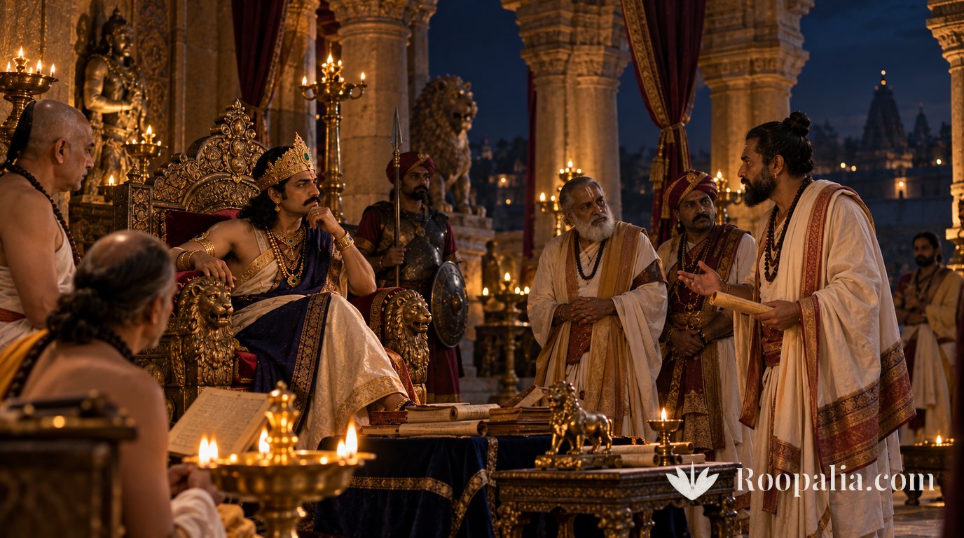 उज्जयिनी के दरबार में दीपकों की रोशनी में सिंहासन पर बैठे राजा विक्रमादित्य और सामने खड़े विद्वानों की सभा — AI-निर्मित चित्र (Roopalia)