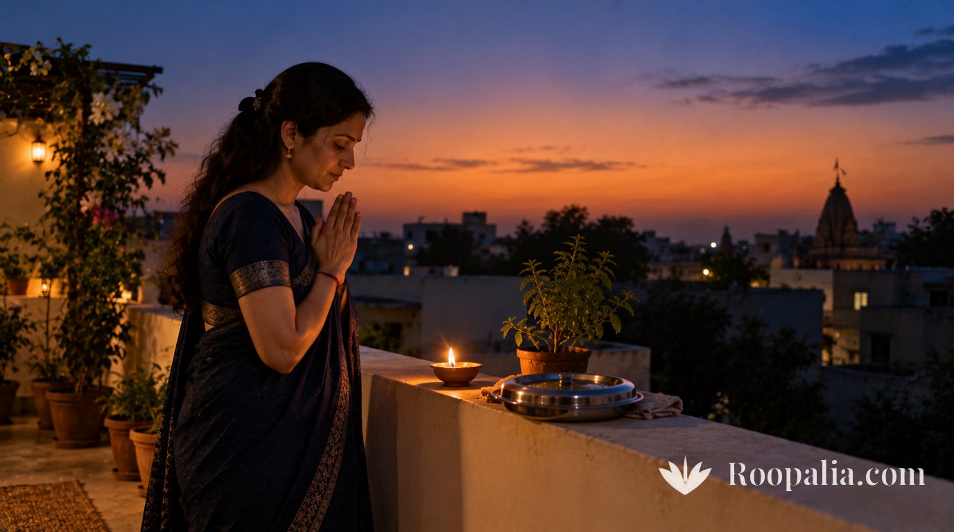 सूर्यास्त के बाद छत की मुंडेर पर सरसों के तेल का दीपक जलाकर हाथ जोड़े खड़ी महिला, पास ढकी हुई भोजन की थाली — AI-निर्मित चित्र (Roopalia)