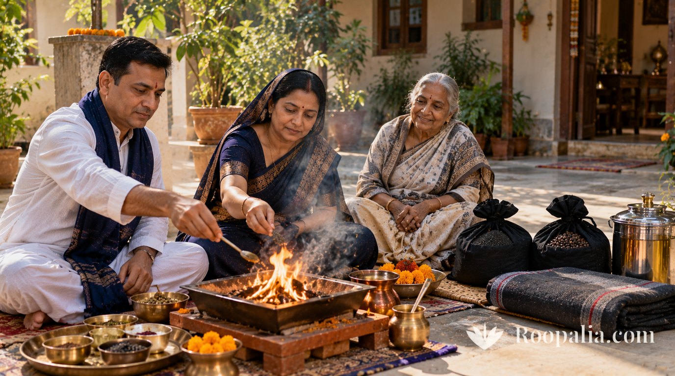 उद्यापन के दिन आँगन में हवन करते पति-पत्नी, पास काले कपड़े में बँधे तिल-उड़द के दान के बंडल, कंबल और सरसों के तेल का पात्र — AI-निर्मित चित्र (Roopalia)