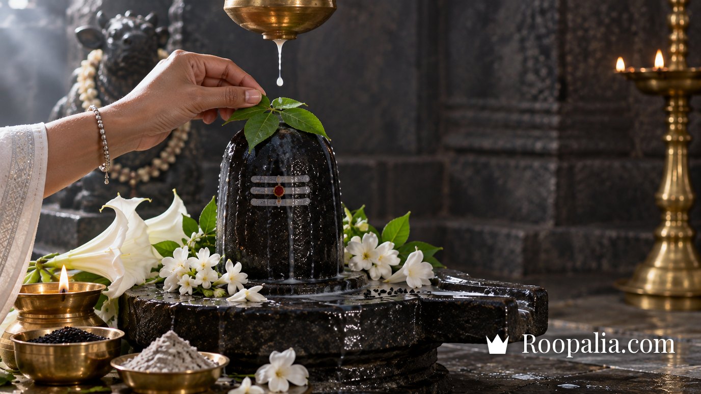 शिवलिंग पर बेलपत्र, धतूरा और सफ़ेद फूल अर्पित करते हुए, ऊपर गड़गड़ी से गिरती दूध की धार — AI-निर्मित चित्र (Roopalia)